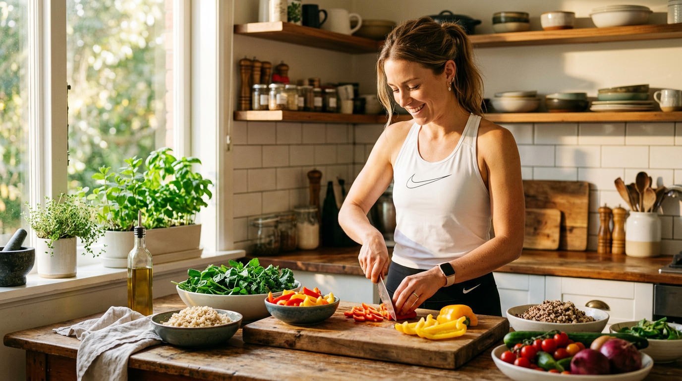 Woman chopping fresh vegetables on a wooden cutting board in a sunlit kitchen