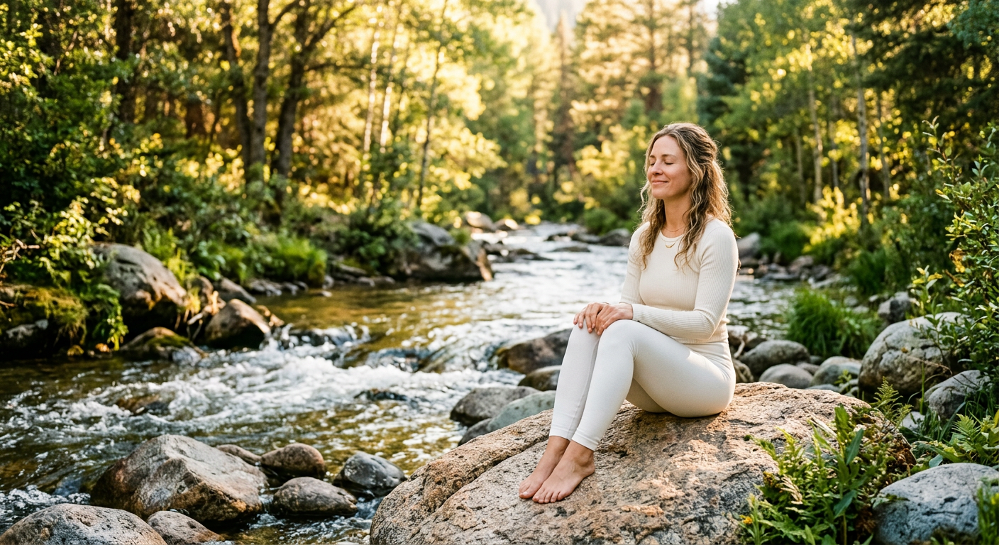 Woman sitting peacefully on a rock beside a river in golden afternoon light