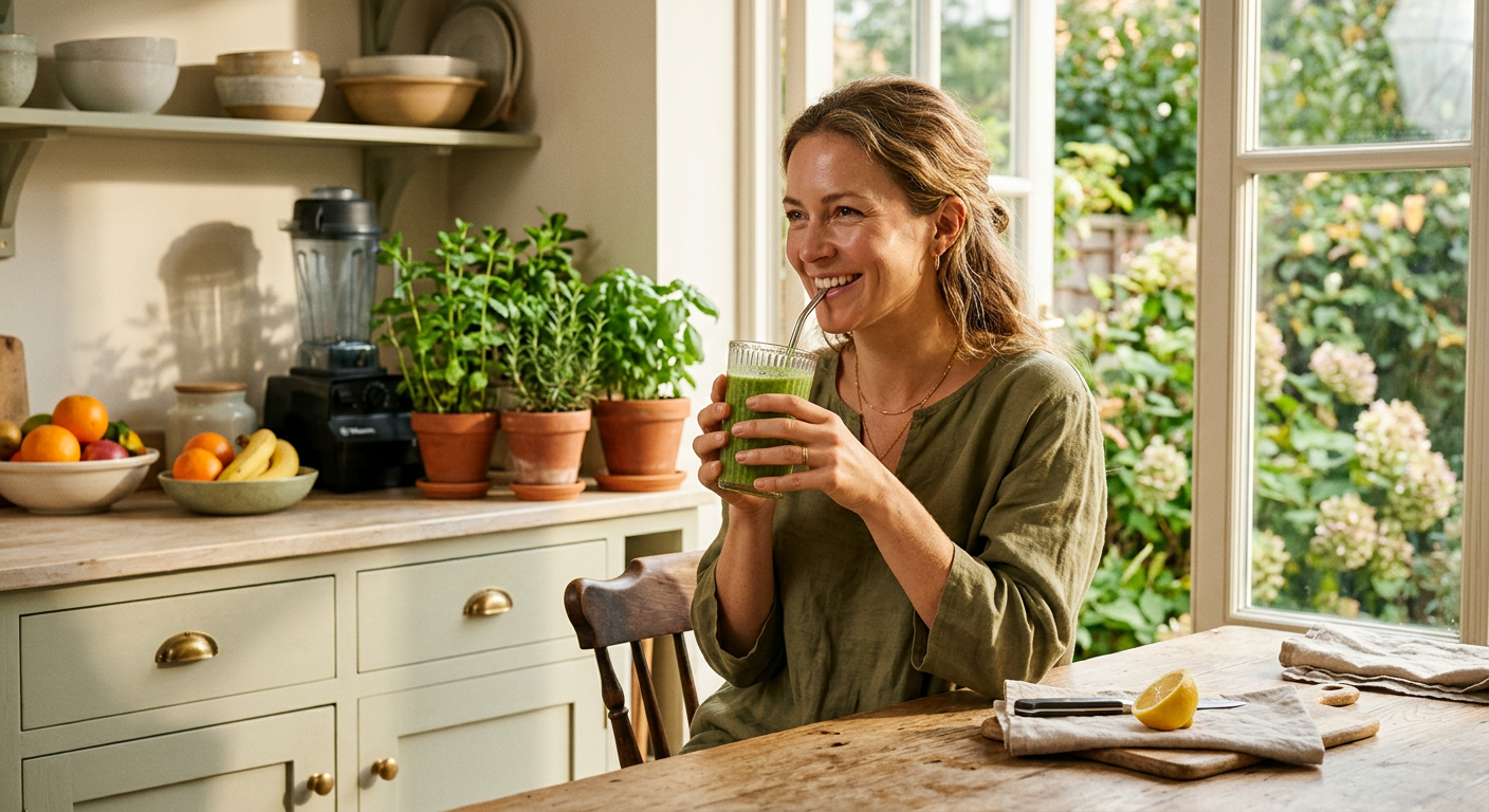Woman drinking a green smoothie in a sunlit kitchen